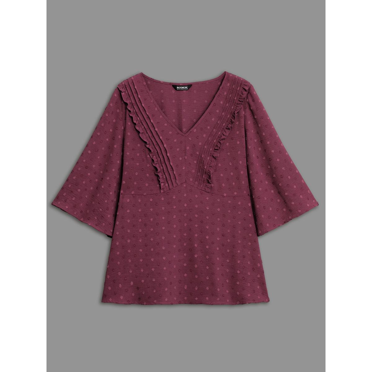 Plus Size Plum Ruffled Pleated Stretchy Waist Flowy Blouse Women Elegant Elbow-length sleeve V-neck Everyday Blouses BloomChic 14-16/1X Product Image