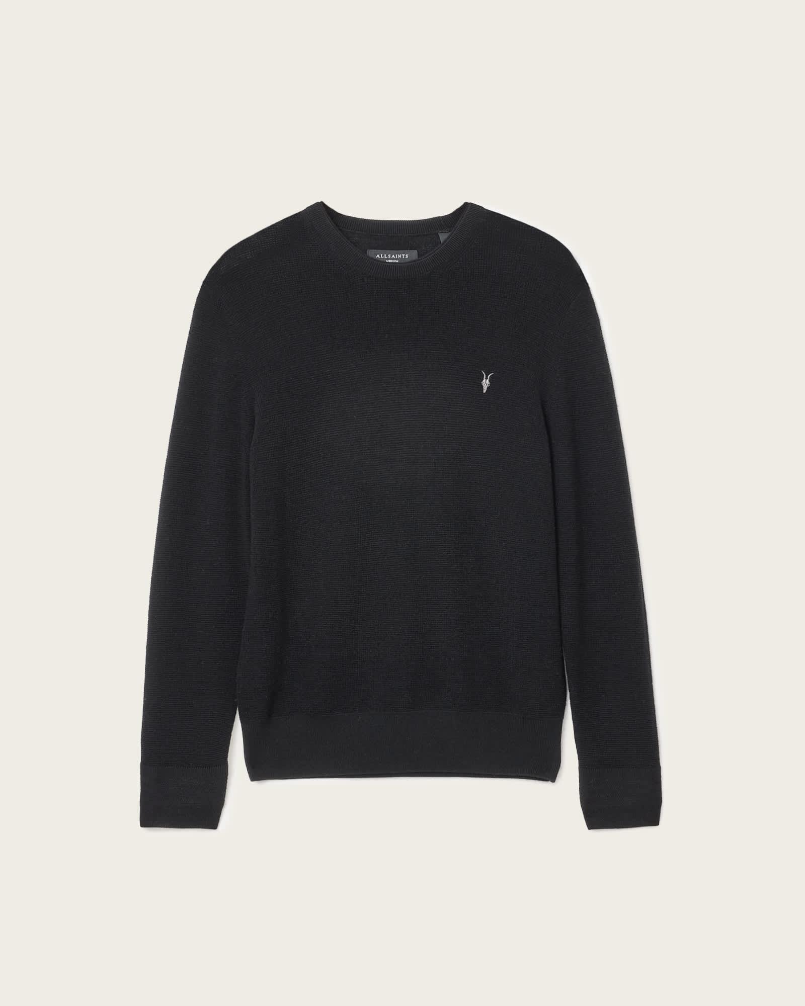 Aspen Waffle Texture Crew Neck Ramskull Sweater Cinder Black | ALLSAINTS US Product Image
