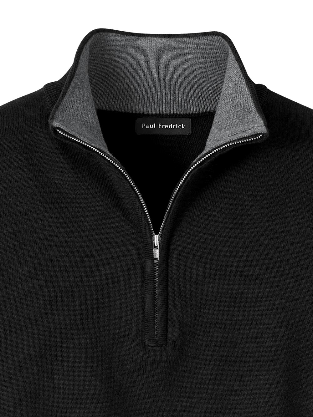 Supima Cotton Quarter Zip Mock Neck Sweater - Black Product Image