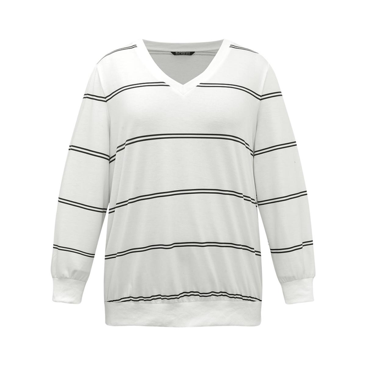 Plus Size Rib Knit Striped V Neck Sweatshirt Women White Casual Rib Knit V-neck Dailywear Sweatshirts BloomChic 14-16/1X Product Image