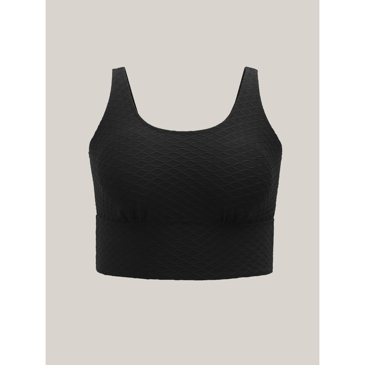 Plus Size Textured Fitted Adjustable Swim Top Women's Swimwear Black Resort Texture High stretch Skinny U-neck Curve Swim Tops BloomChic 30/6X Product Image