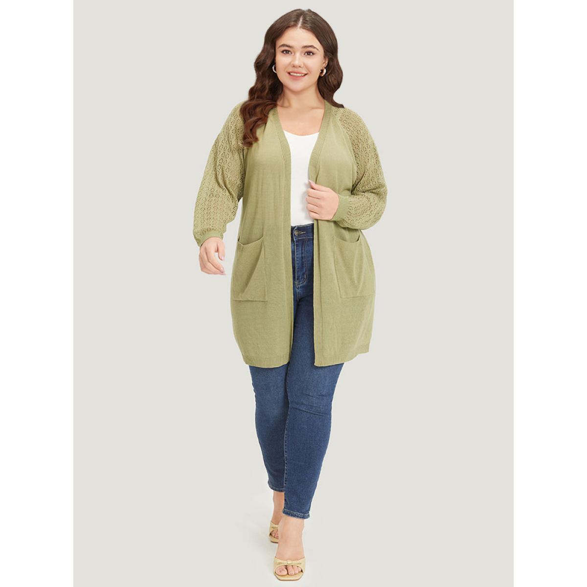 Plus Size Solid Patched Pocket Geometric Eyelet Raglan Sleeve Cardigan Olive Women Casual Loose Long Sleeve Dailywear Cardigans BloomChic 10/M Product Image