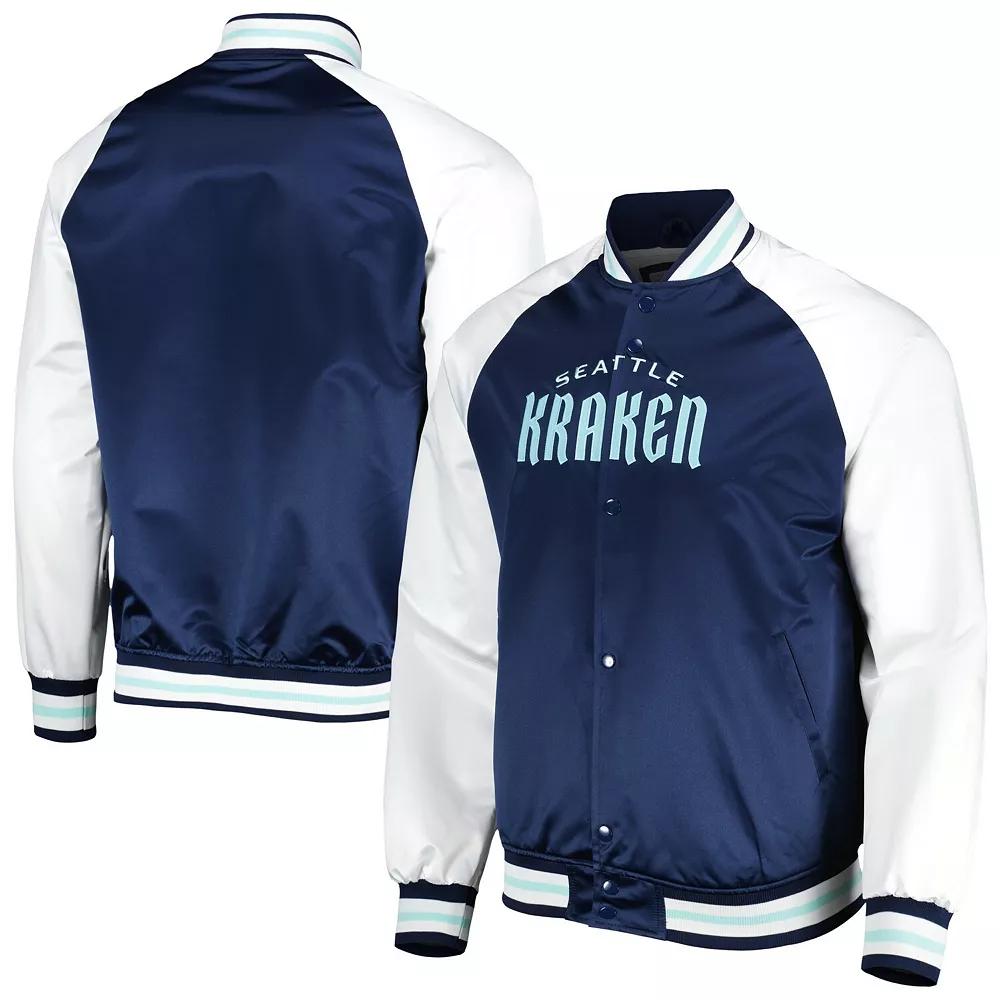Men's Mitchell & Ness Deep Sea Blue/White Seattle Kraken Primetime Raglan Satin Full-Snap Jacket, Size: Large, Krk Blue Product Image