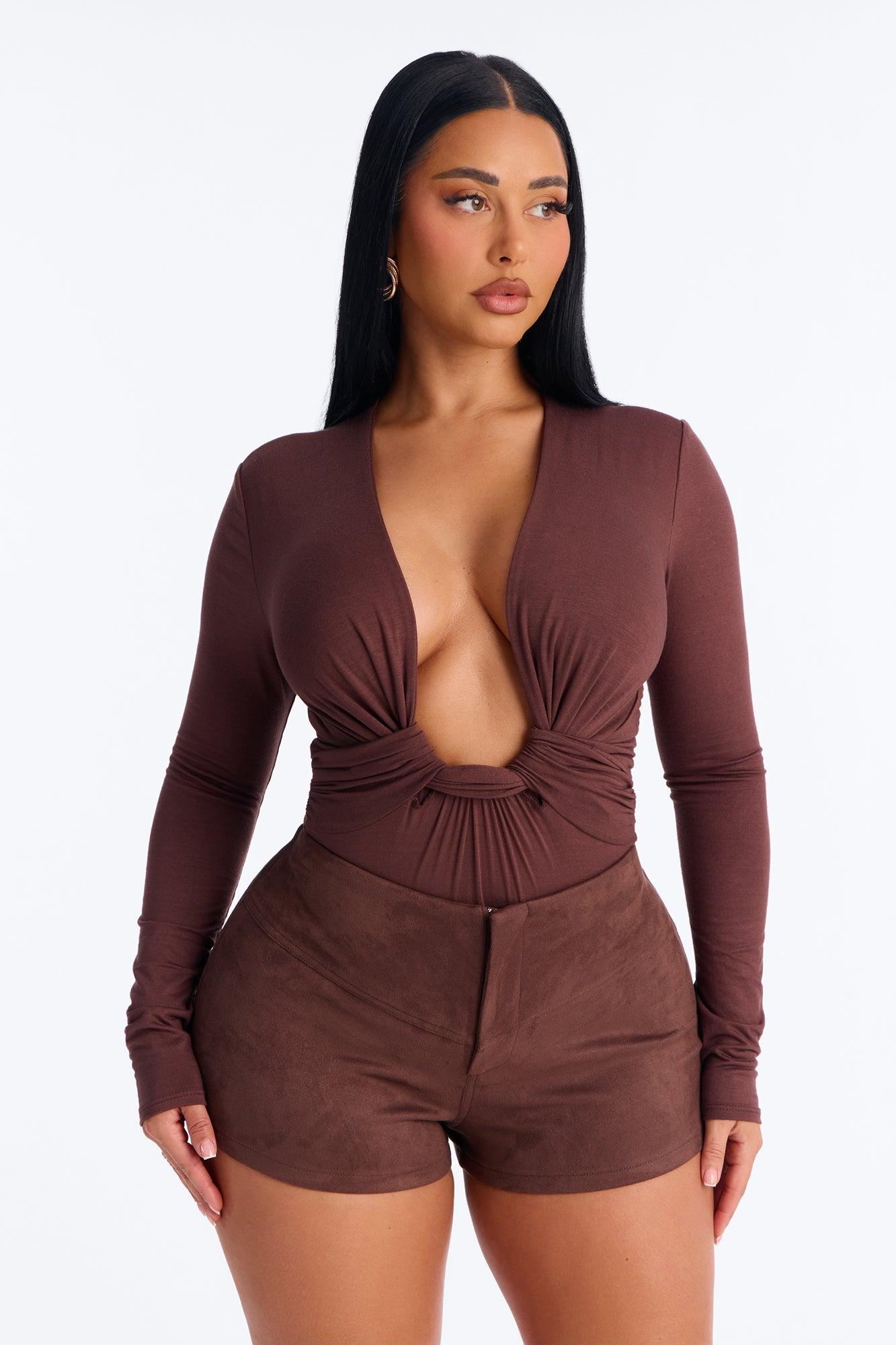 Sweet Oasis Deep V-Neck Long Sleeve Bodysuit - Brown Female Product Image