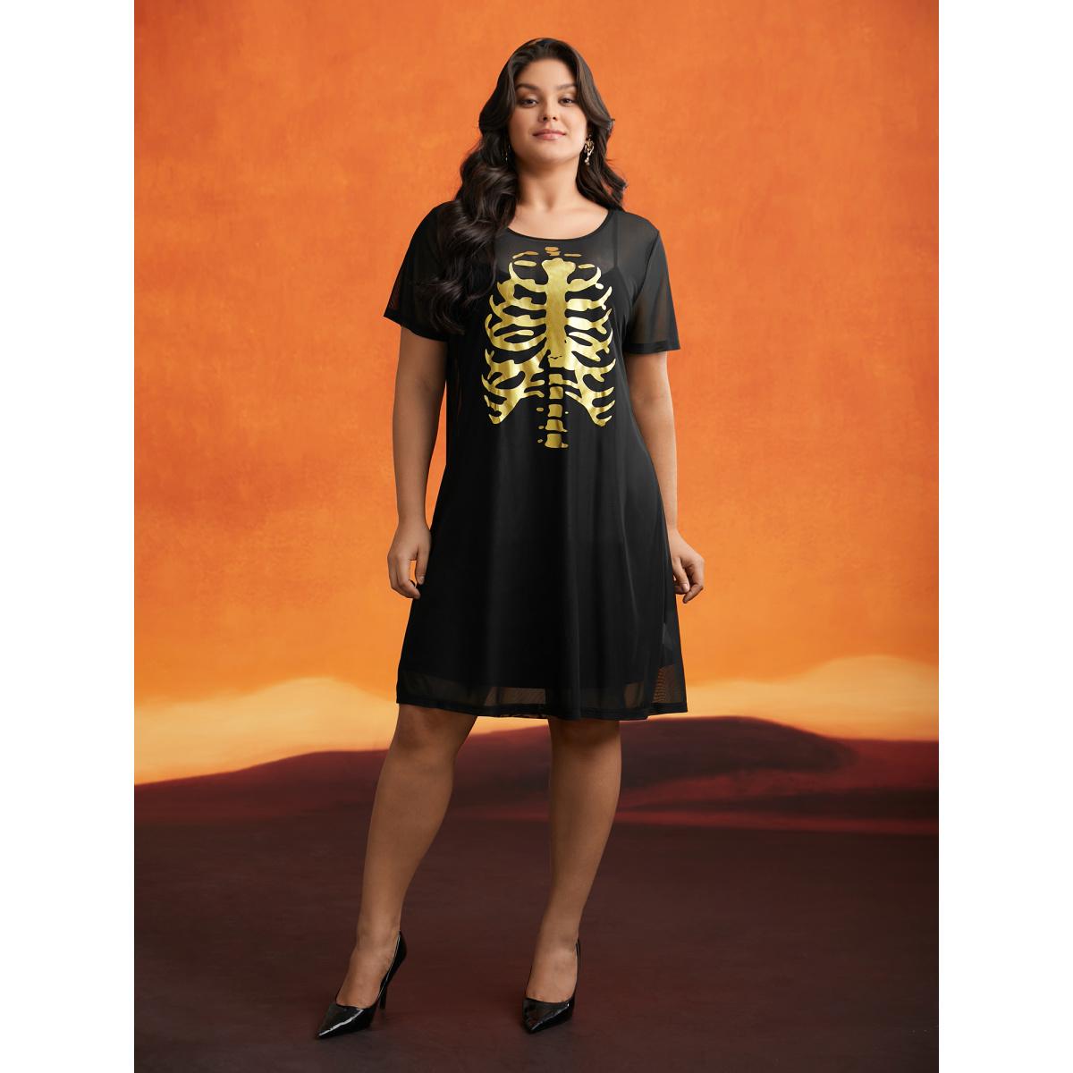 Plus Size Bone Stamping Gold Accents Mini Dress Black Women Cocktail Texture Party Curvy Bloomchic 26/4X Product Image