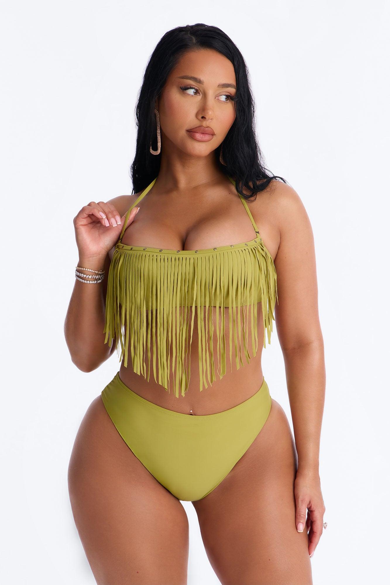 Cabana Cooldown 3 Piece Fringe Bikini Set - Olive Female Product Image
