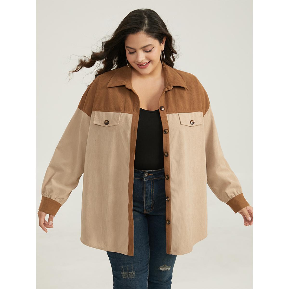Plus Size Two Tone Button Through Patchwork Coat Women Tan Casual Contrast Ladies Dailywear Winter Coats BloomChic 14-16/1X Product Image