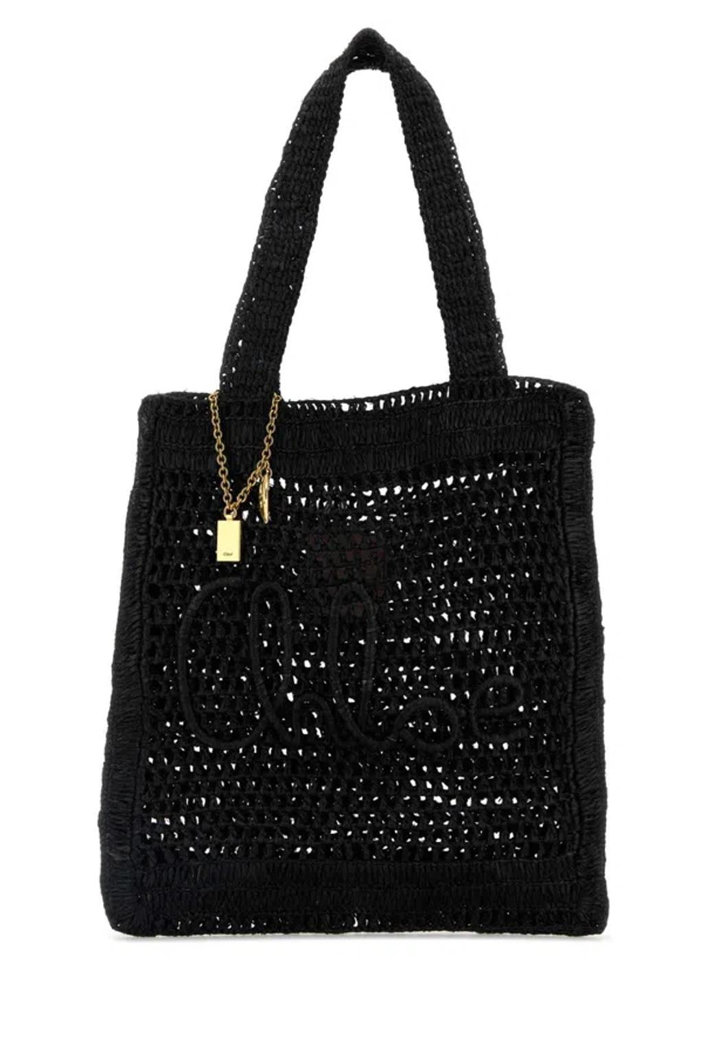 CHLOÉ Summer Banana Embellished Crocheted Embroidered Faux Raffia Tote In Black Product Image