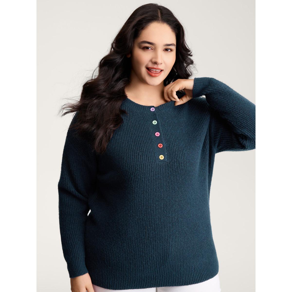 Plus Size Supersoft Half-Button Placket Textured Solid Pullover Indigo Women Leisure Loose Long Sleeve Round Neck Casual Pullovers BloomChic 30/6X Product Image