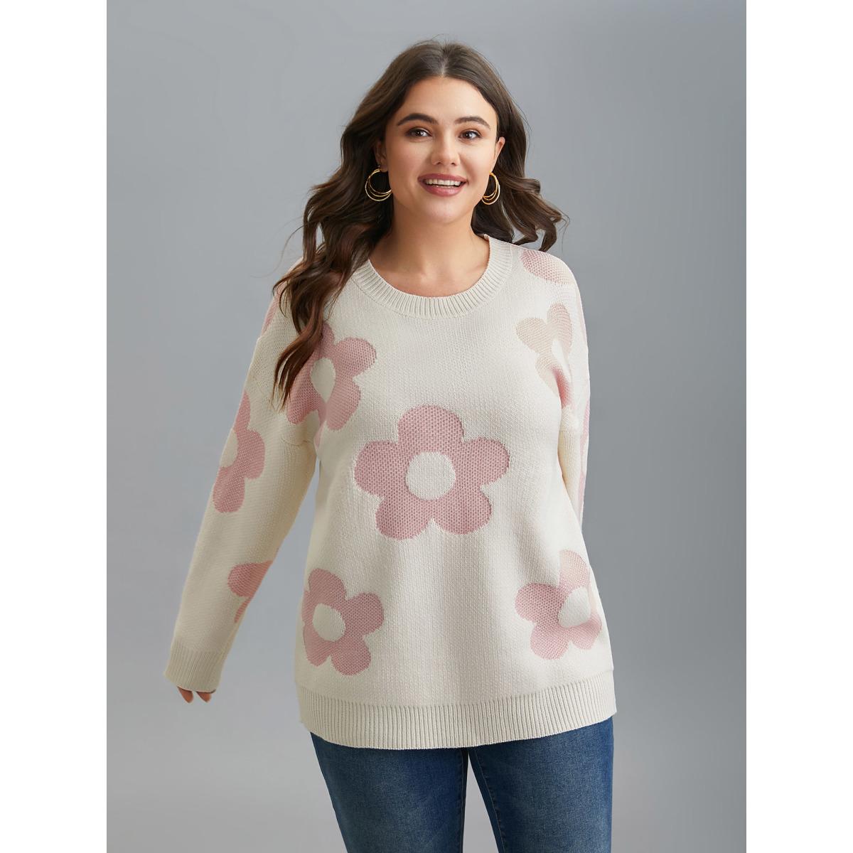 Plus Size Round Neck Floral Pattern Pullover Ivory Women Casual Loose Long Sleeve Round Neck Everyday Pullovers BloomChic 30/6X Product Image