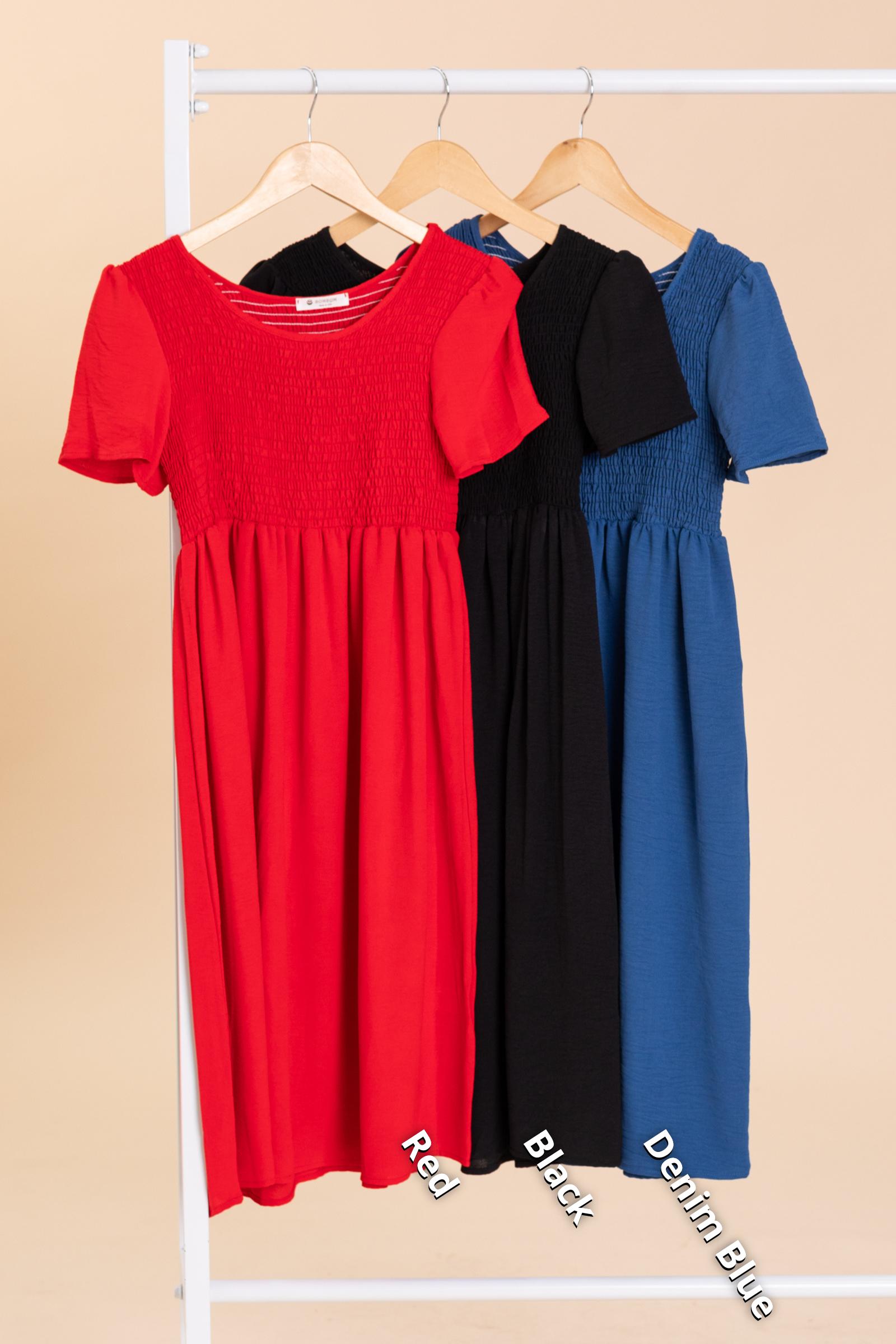 Flowy Skirt Smocked Bodice Midi Woven Dress Product Image