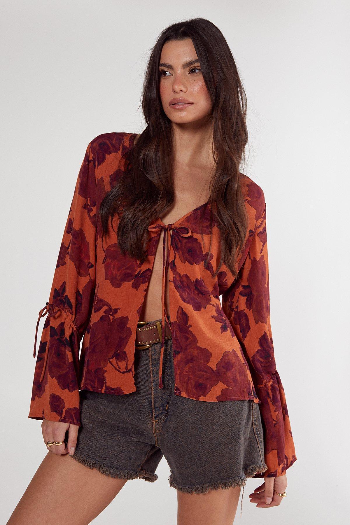 Vintage Floral Tie Detail Fluted Sleeve Top Product Image