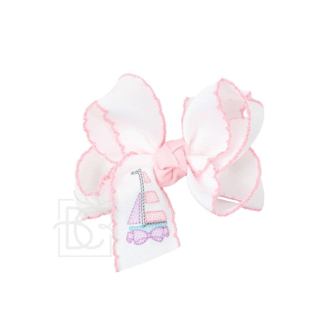 EMBROIDERED SAILBOAT CROCHET EDGE BOW: White w/ Light Pink Crochet Edge / 4.5" Large Product Image