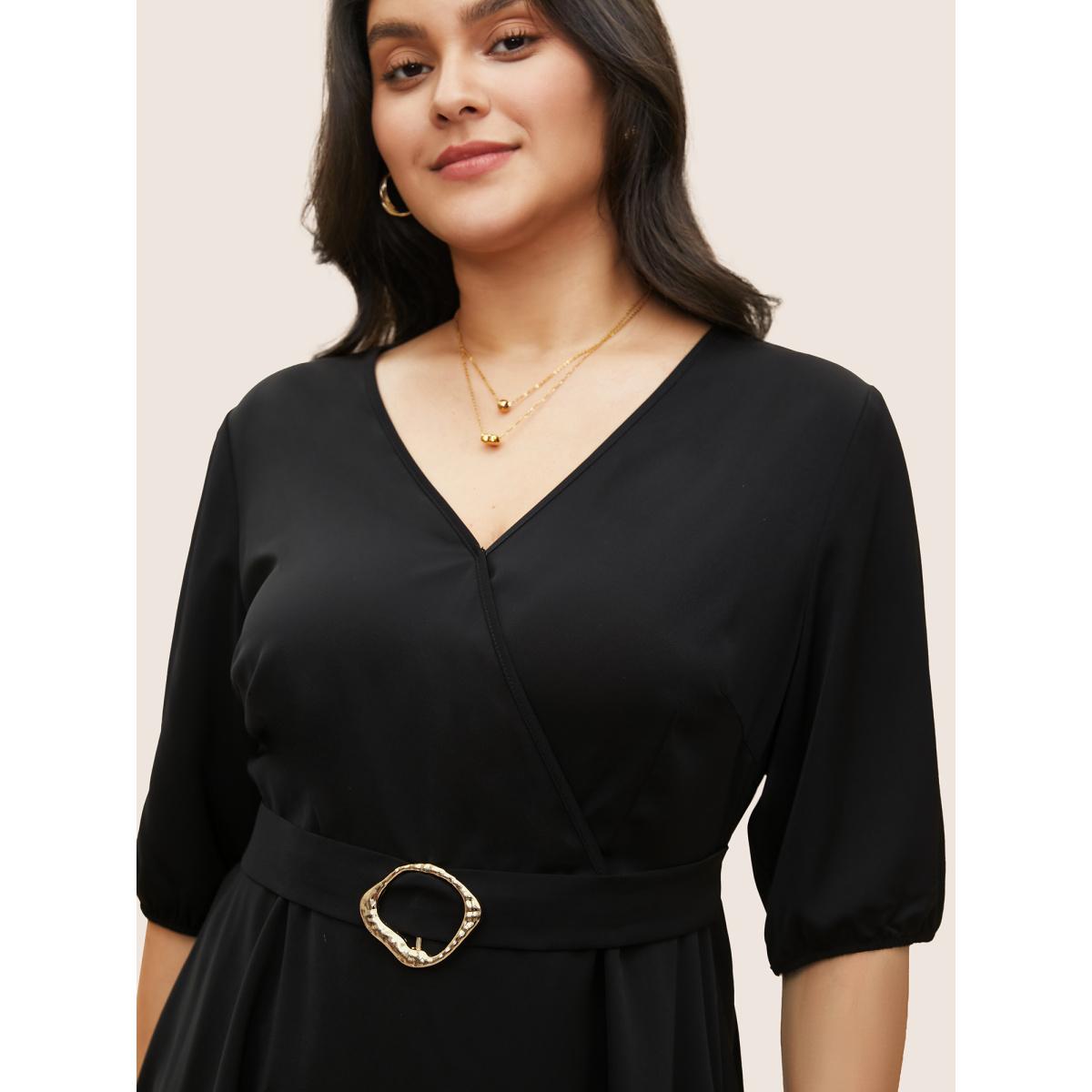 Plus Size Black V Neck Metal Detail Wrap Blouse Women At the Office Half Sleeve Overlap Collar Work Blouses BloomChic 18-20/2X Product Image