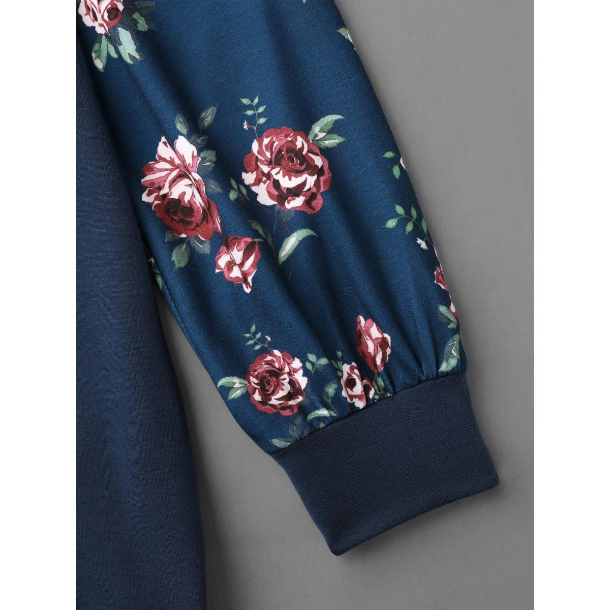 Plus Size Ditsy Floral Patchwork Kangaroo Pocket Sweatshirt Women Midnight Casual Contrast V-neck Everyday Sweatshirts BloomChic 28/5X Product Image