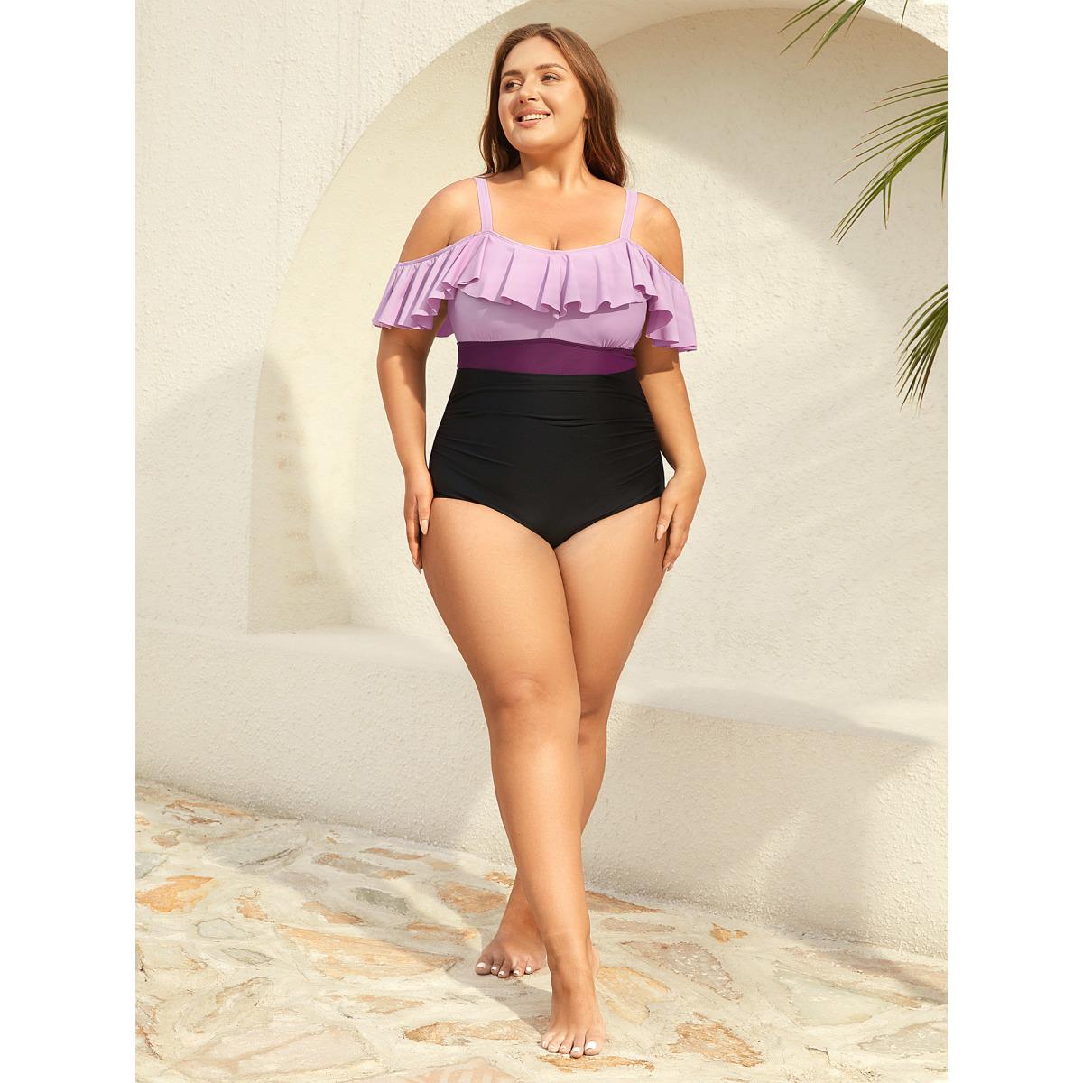 Plus Size Cold-Shoulder Ruffled One-Piece Swimsuit Women's Swimwear Lilac Beach Gathered Curve Bathing Suits High stretch One Pieces BloomChic 28/5X Product Image