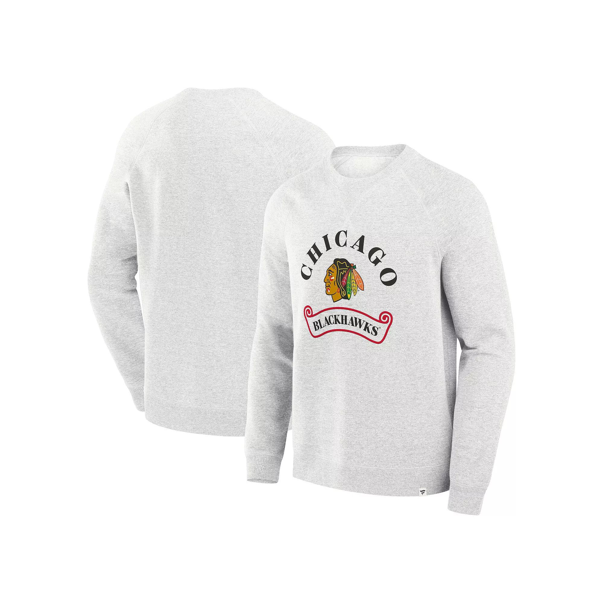 Men's Fanatics Heather Gray Chicago Blackhawks Banner Fleece Raglan Pullover Sweatshirt, Size: Small, Grey Product Image
