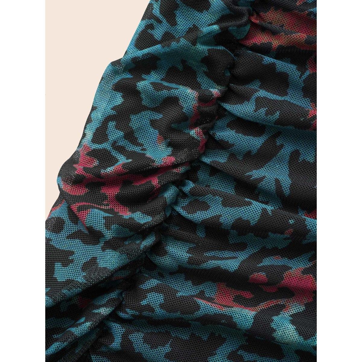 Plus Size Leopard Print Ruched Split Hem Dress Aegean Women Elegant Gathered Round Neck Long Sleeve Curvy BloomChic 10/M Product Image