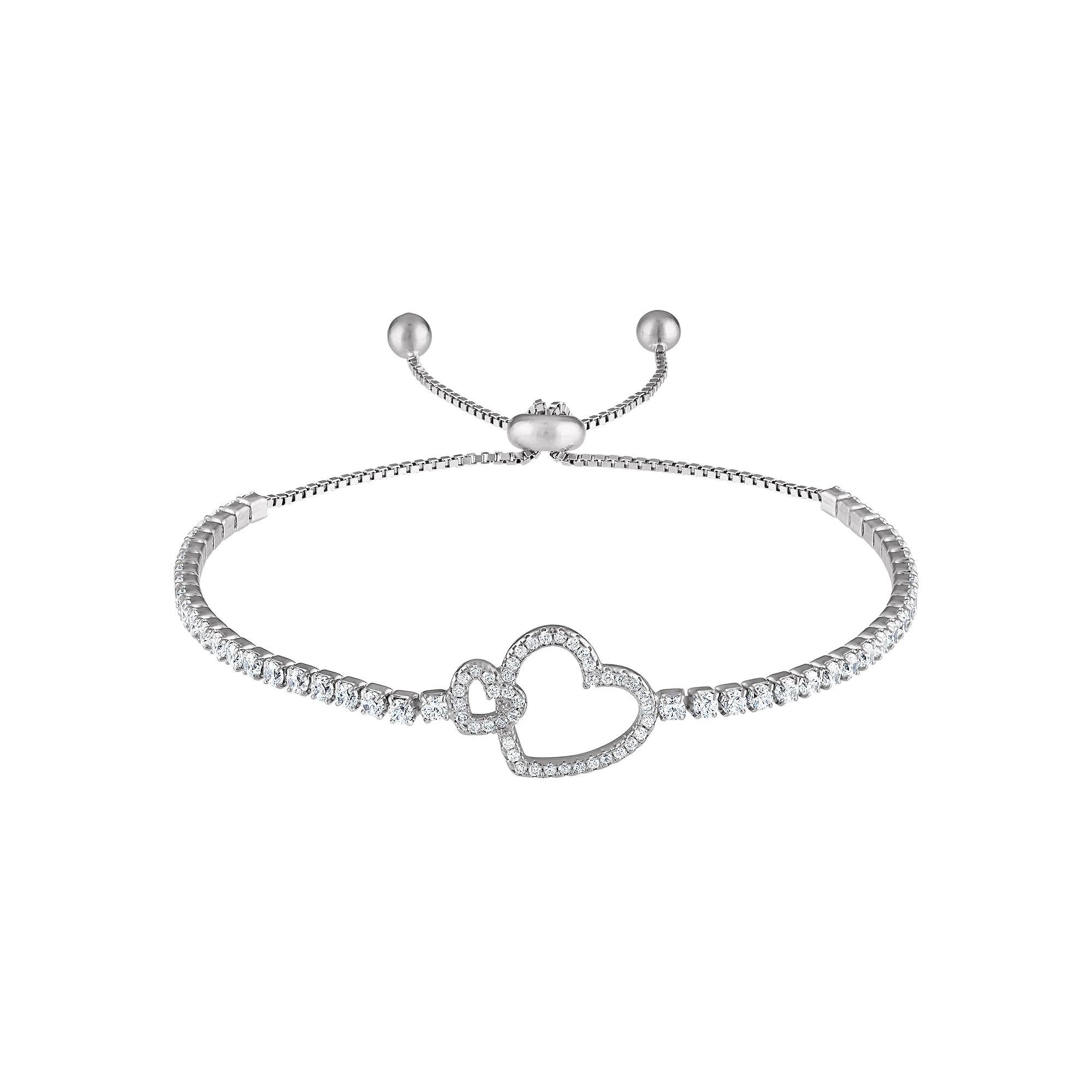 Sterling Silver Cubic Zirconia Double Heart Bolo Bracelet, Women's Product Image