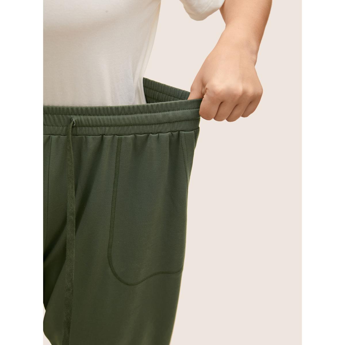 Plus Size Solid Drawstring Topstitching Mid Rise Carrot Pants Women ArmyGreen Casual Mid Rise Everyday Pants BloomChic 12/L Product Image