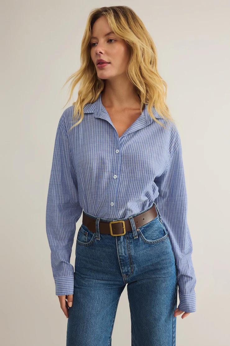 Seaport Striped Button Up Shirt- Sky Blue Product Image