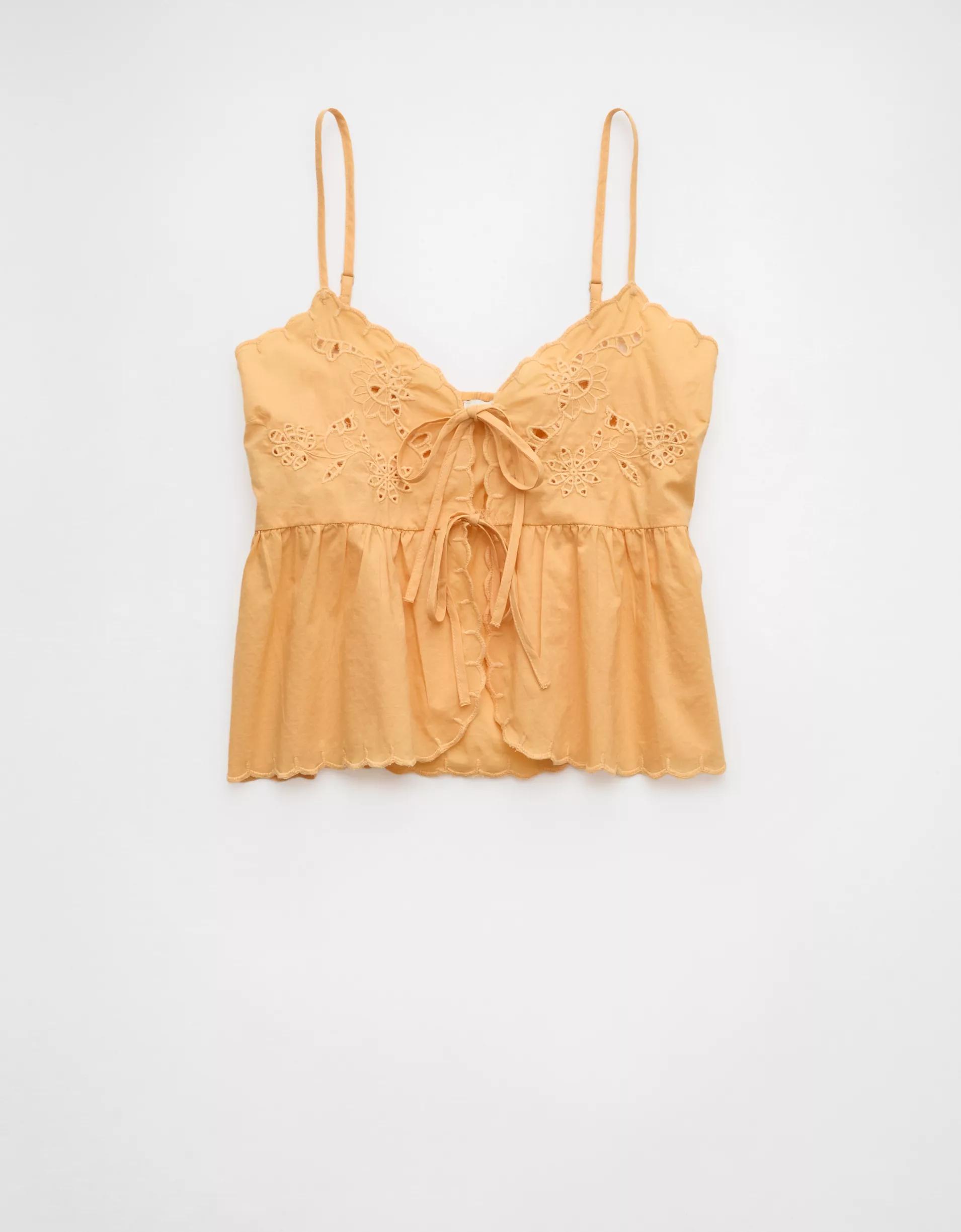 AE Tie Front Embroidered Tank Top Product Image