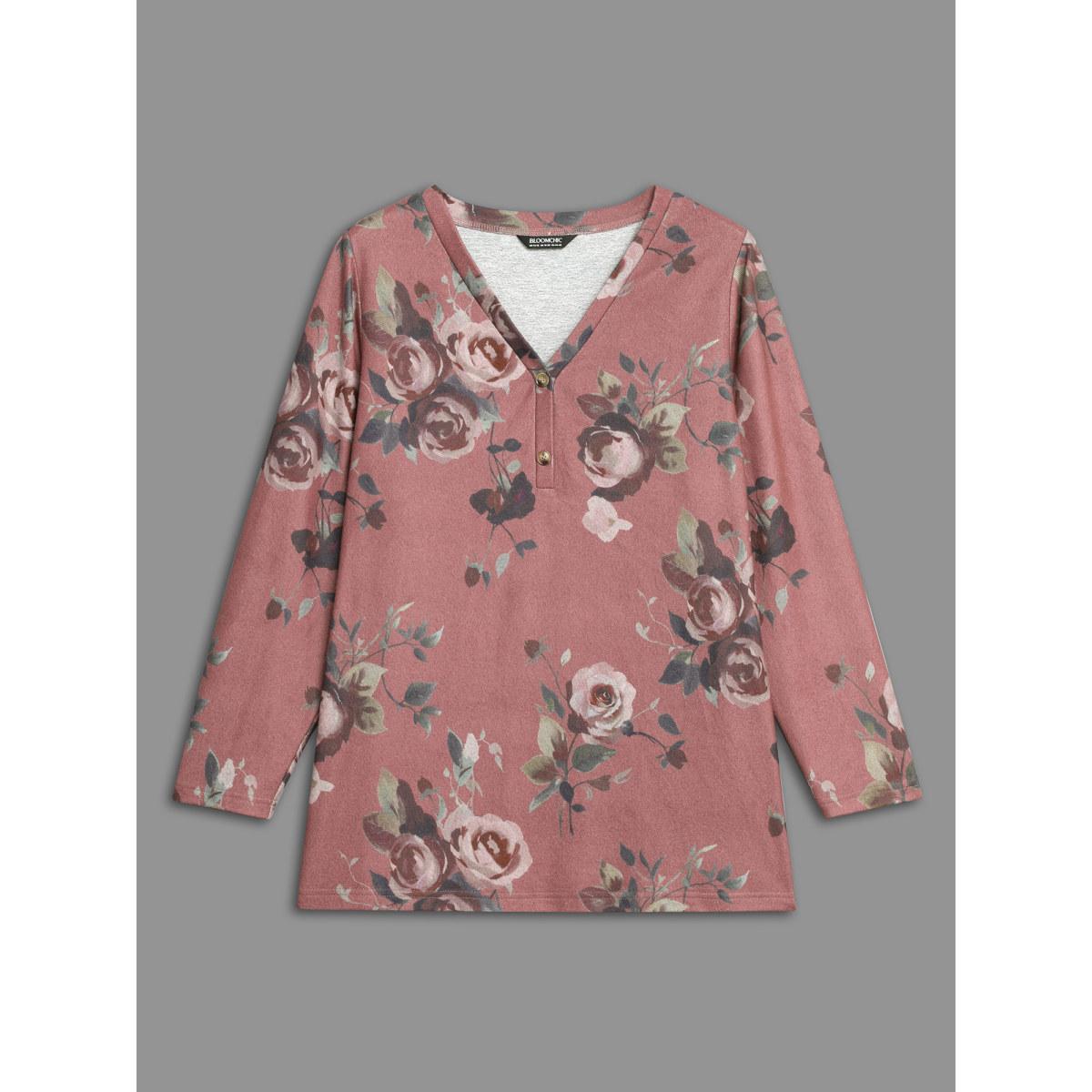 Plus Size V Neck Floral Print Button Up T-shirt DustyPink Women Casual Button Natural Flowers V-neck Everyday T-shirts BloomChic 14-16/1X Product Image