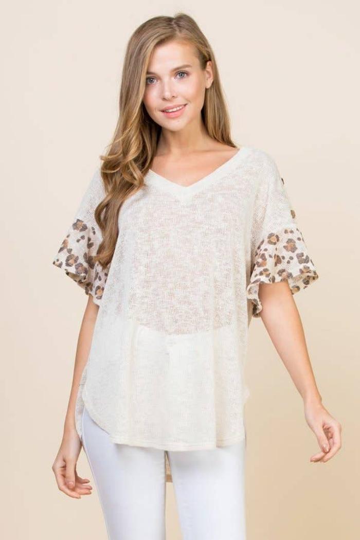 Lace Button Trim V Neck Top Product Image