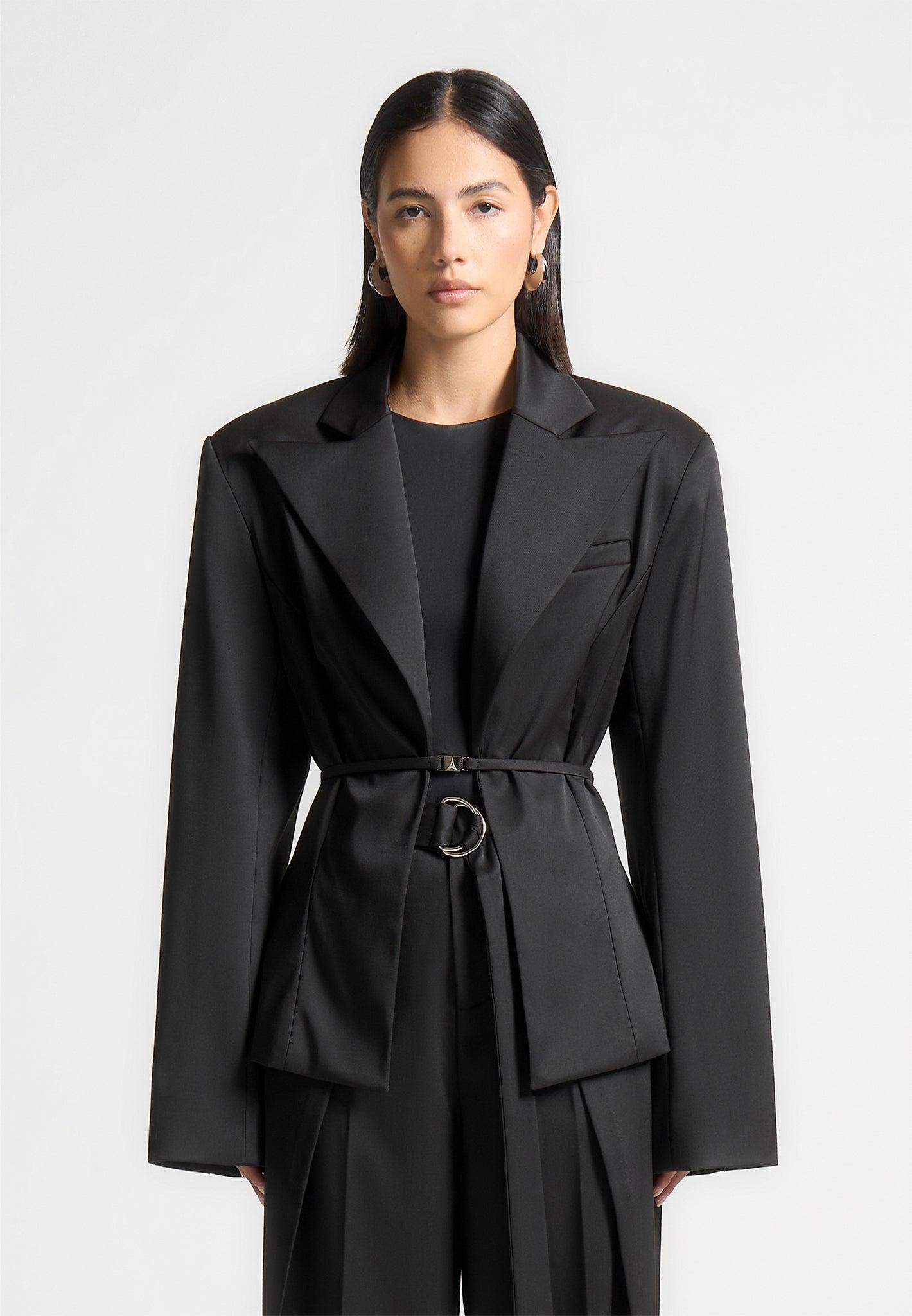 Wide Shoulder Sateen Blazer with Twin Belt - Black Female Product Image