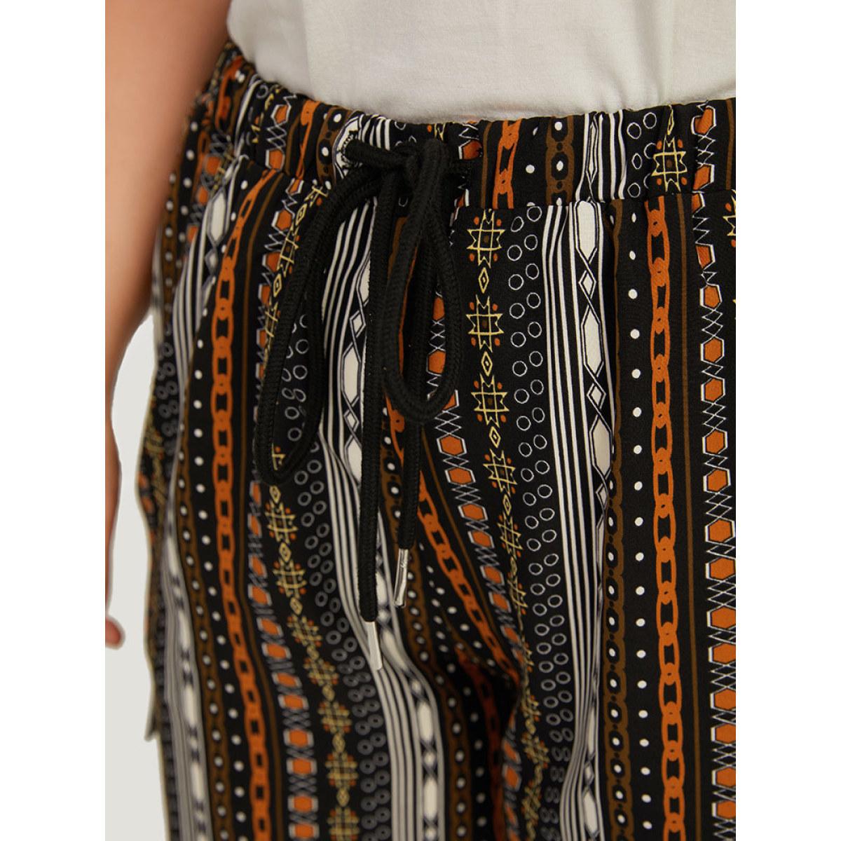 Plus Size Boho Print Pocket Drawstring Elastic Waist Pants Women Black Casual Straight Leg High Rise Dailywear Pants BloomChic 12/L Product Image