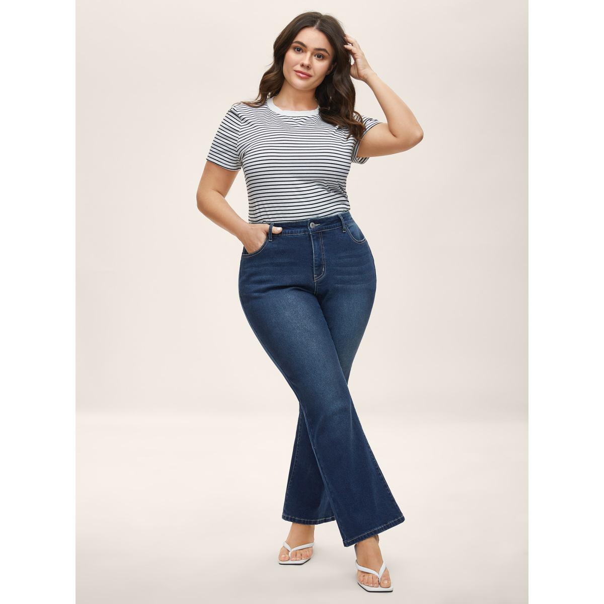 Plus Size Slim & Sculpting Bootcut Jeans Women Darkindigo Beach Medium stretch Slanted pocket Jeans BloomChic 18/2X Product Image