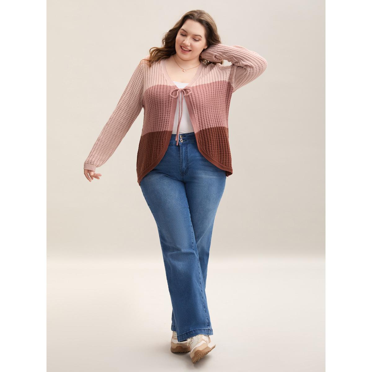 Plus Size Arc Hem Color Block Tie Front Cardigan Rust Women Casual Loose Sleeveless Everyday Cardigans BloomChic 14-16/1X Product Image