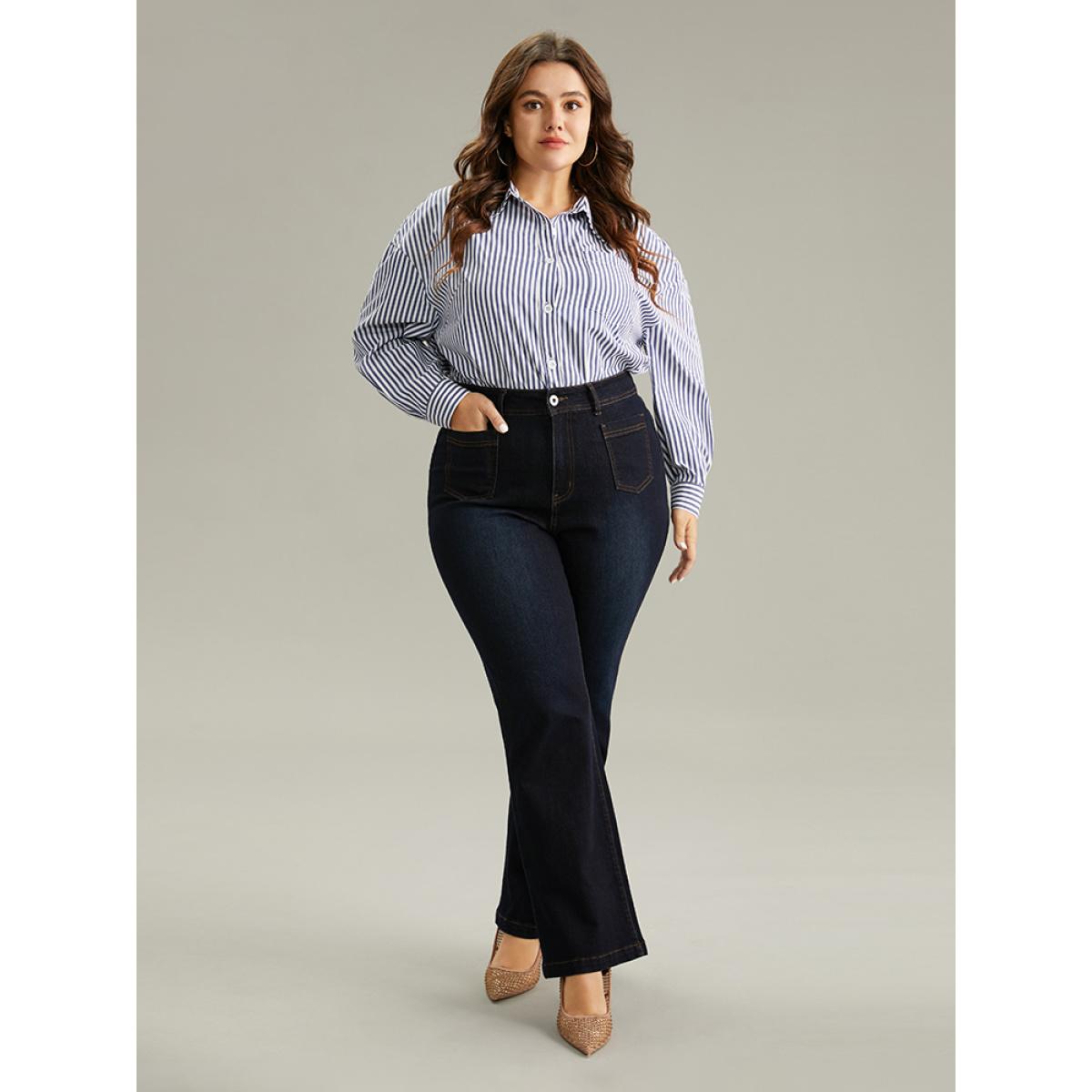 Plus Size Straight Leg Dark Wash Patched Pocket Jeans Women Midnight Casual Plain Plain High stretch Pocket Jeans BloomChic 24/3X Product Image