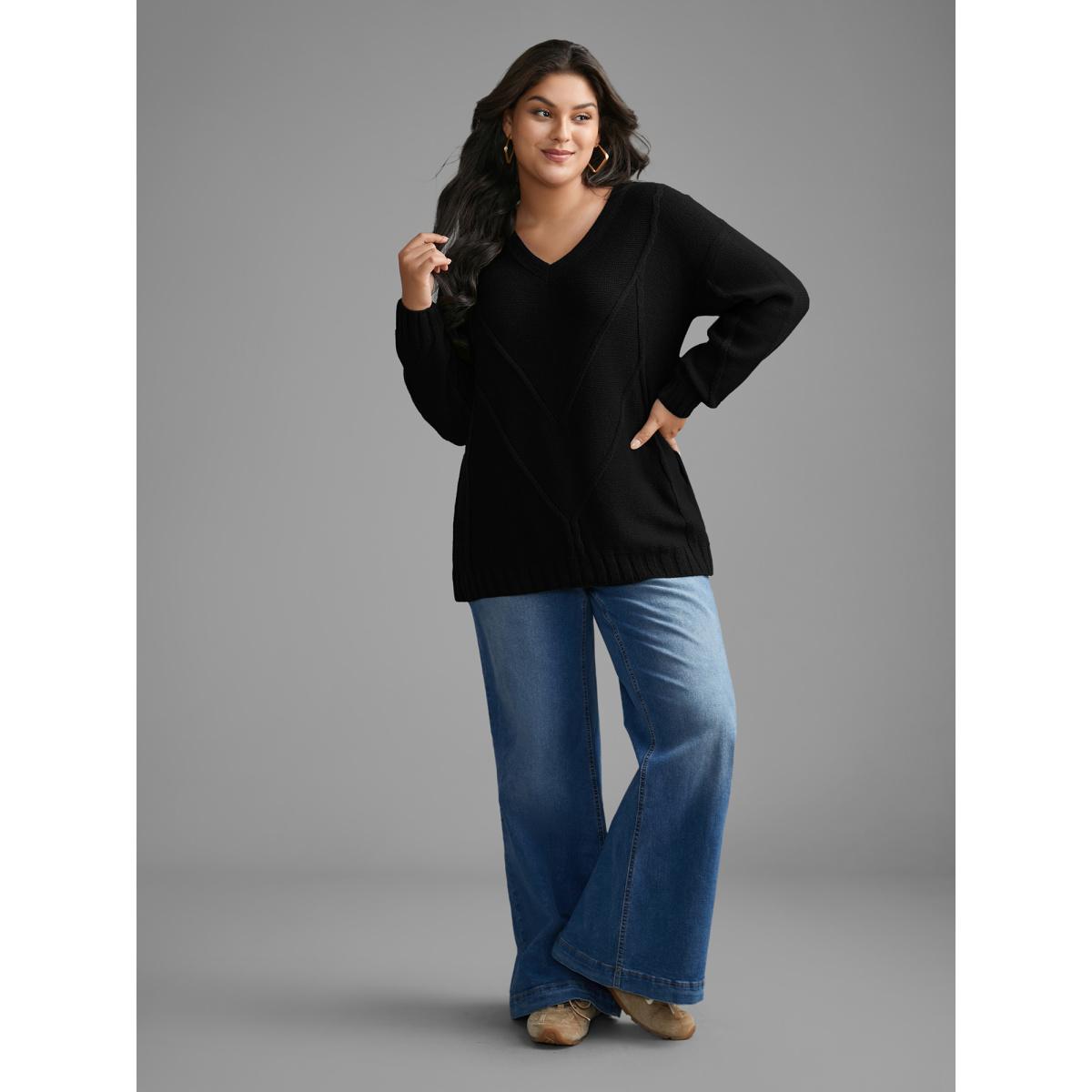 Plus Size V Neck Cable Knit Texture Pullover Black Women Casual Loose Long Sleeve V-neck Everyday Pullovers BloomChic 18-20/2X Product Image