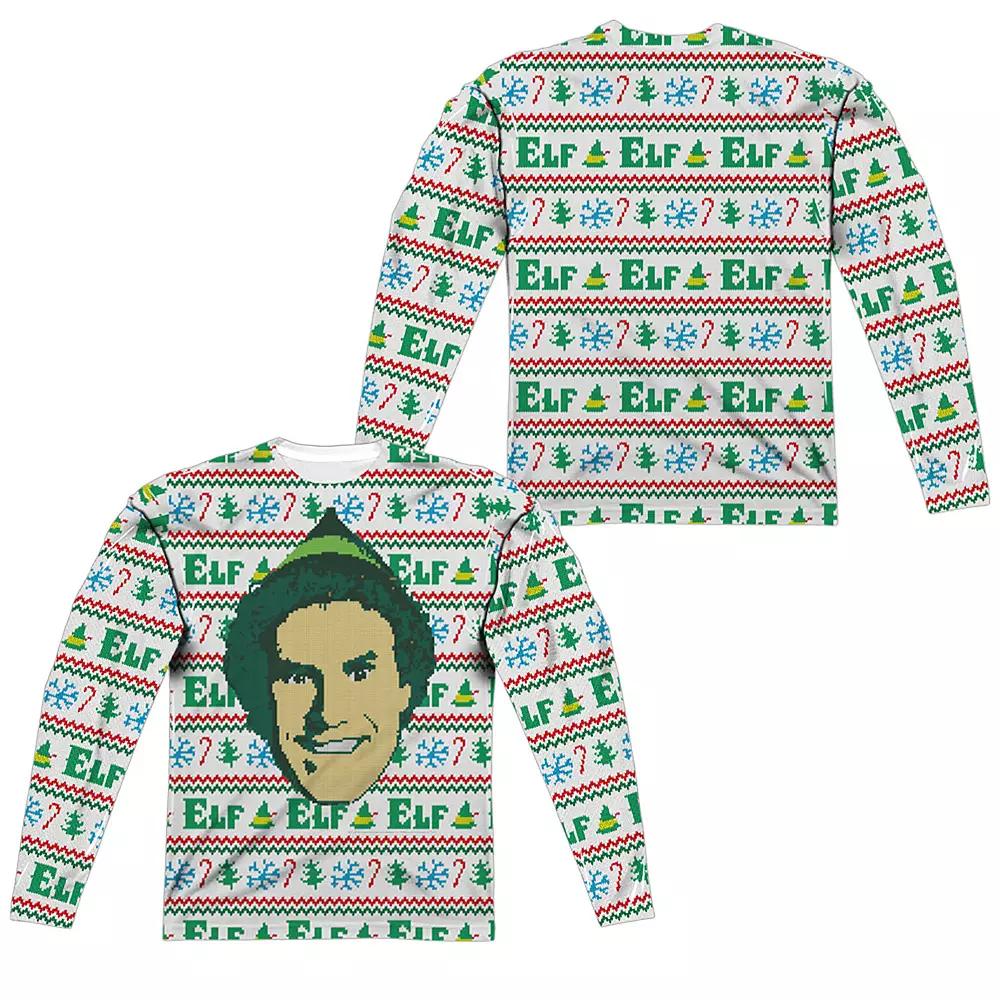 Men's Elf Ugly Christmas Sweater Long Sleeve Sublimated Graphic Tee,  Product Image