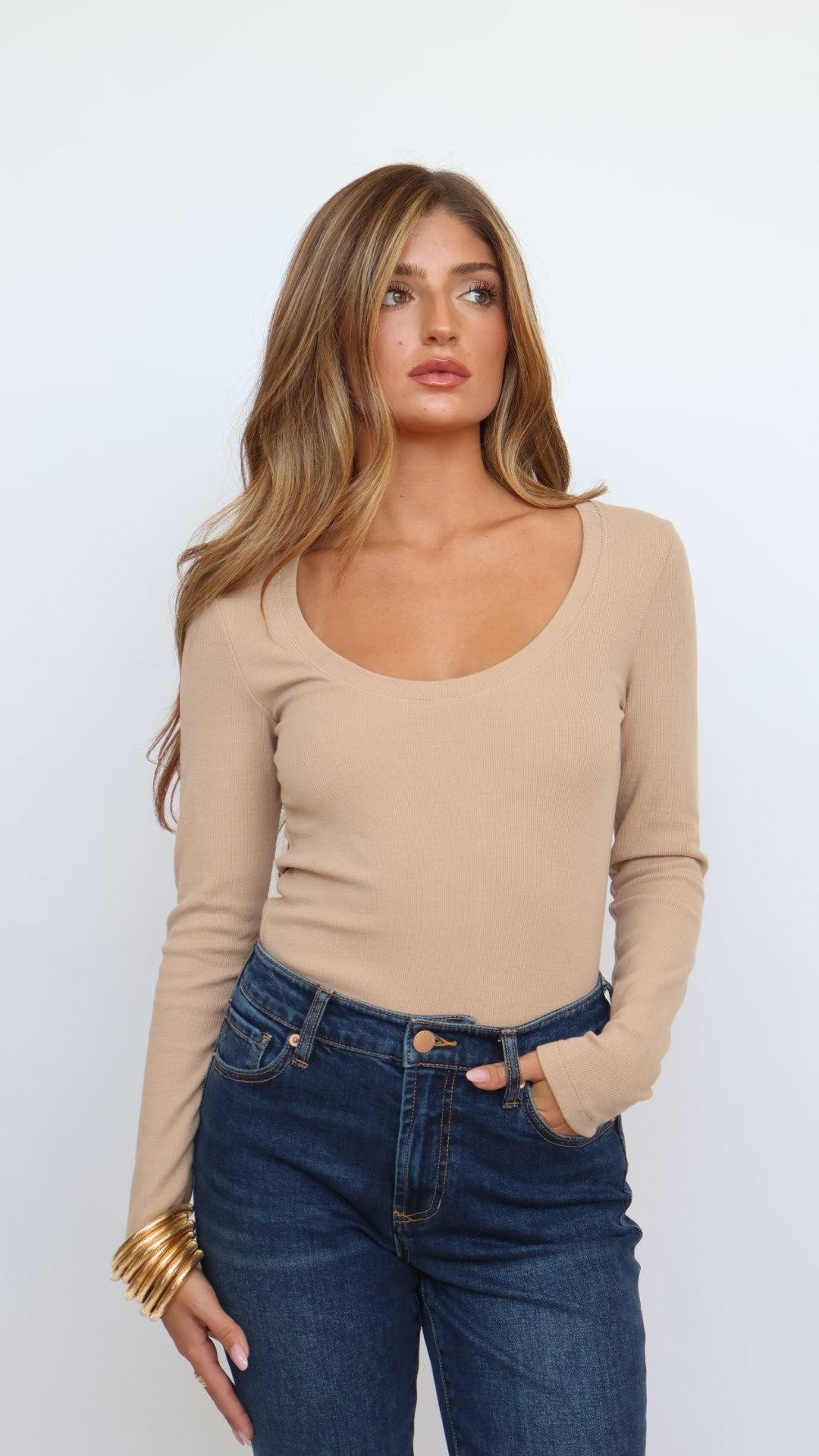 Ribbed Cotton Scoop Neck Long Sleeve Top Product Image