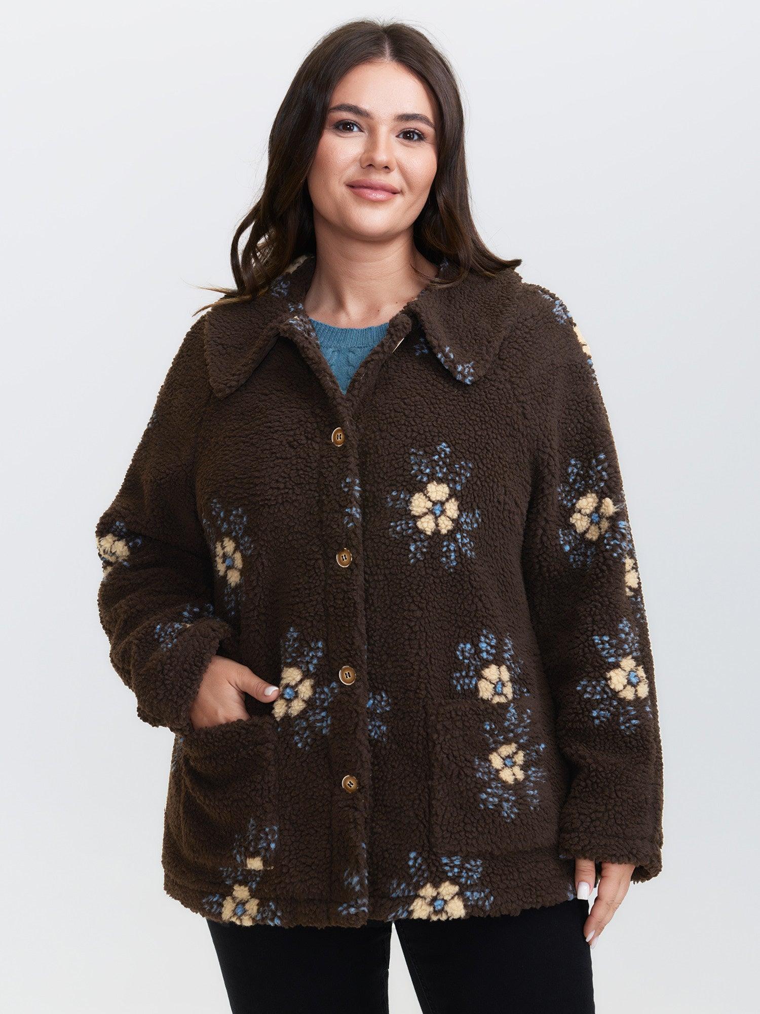Fluffy Floral Pattern Pocket Coat Female Product Image