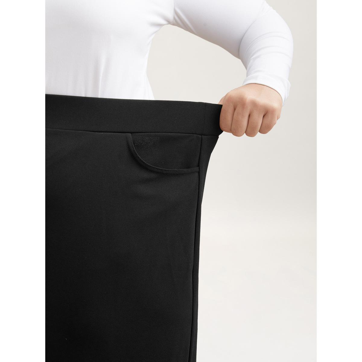 Plus Size Laser Cut-Out Flared Midi Skirt Women Black Elegant Cut-Out Medium stretch Slanted pocket Everyday Skirts BloomChic 26/4X Product Image