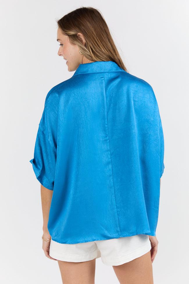 Dramatic Entrance Blue Oversized Satin Collared Blouse FINAL SALE Product Image