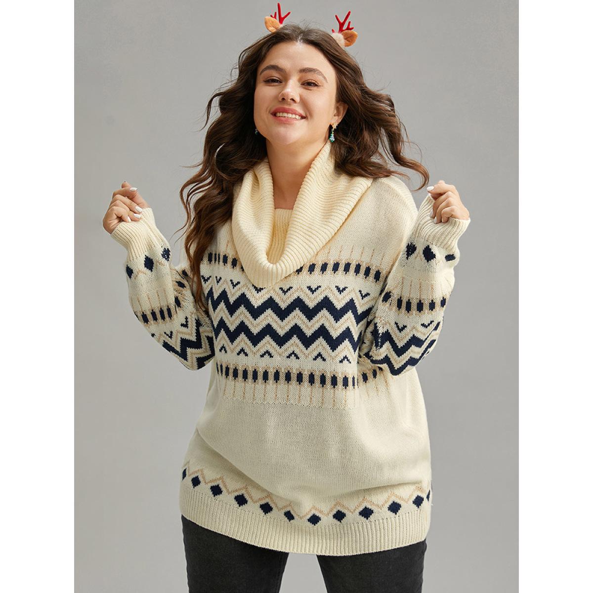 Plus Size Geometric Contrast Turtleneck Elastic Cuffs Pullover Ivory Women Casual Loose Long Sleeve Turtleneck Dailywear Pullovers BloomChic 18-20/2X Product Image