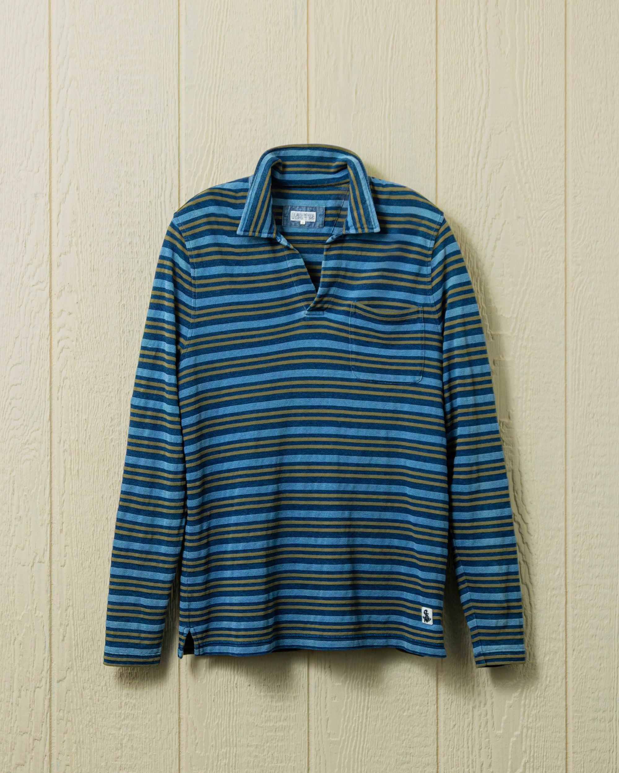 Long Sleeve Indigo Pique Polo in Old Gold Product Image