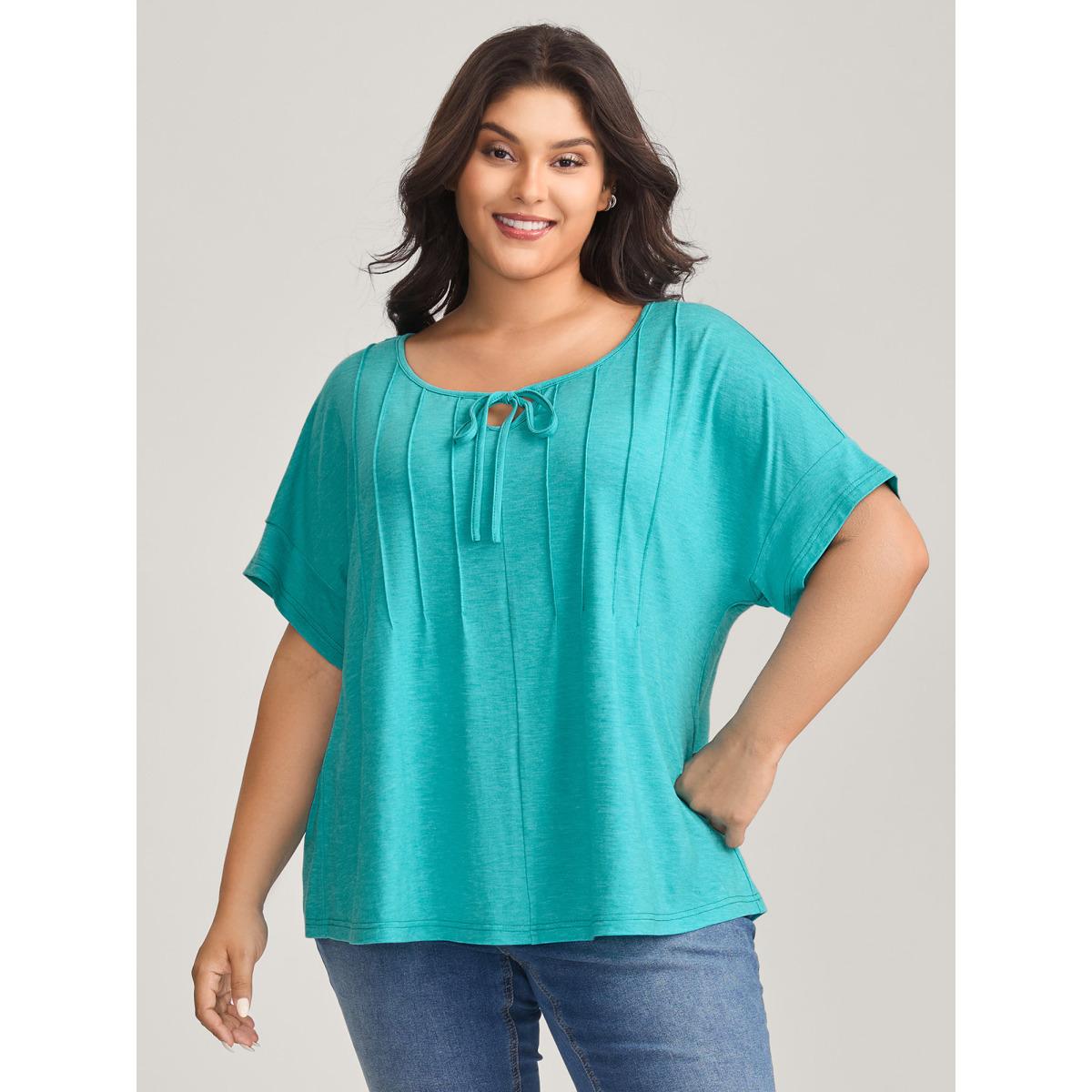 Plus Size Pleated Neck-Tie Solid T-Shirt Arctic Women Leisure Tucked seam Round Neck Casual T-shirts BloomChic 10/M Product Image