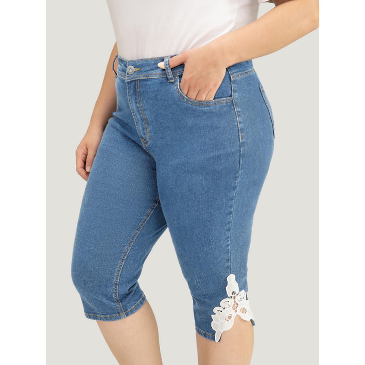 Plus Size Very Stretchy High Rise Medium Wash Guipure Lace Knee Denim Shorts Women LightBlue High stretch Everyday Patch pocket Casual Denim Shorts BloomChic 12/L Product Image