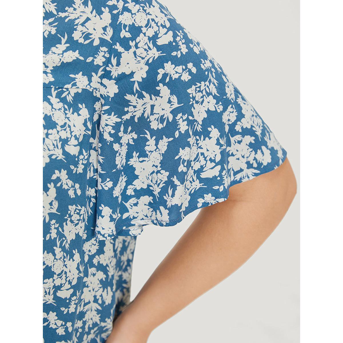 Plus Size Cerulean Floral Flutter Sleeve Gathered Blouse Women Elegant Short sleeve V-neck Dailywear Blouses BloomChic 10/M Product Image