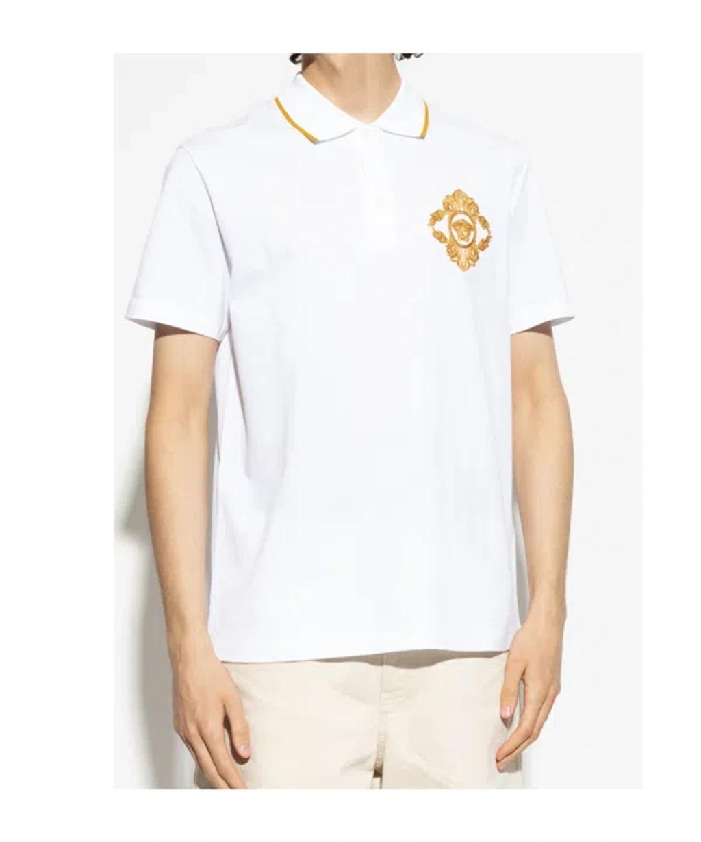 VERSACE Embroidered Architectural Baroque Polo T-shirt In White Product Image