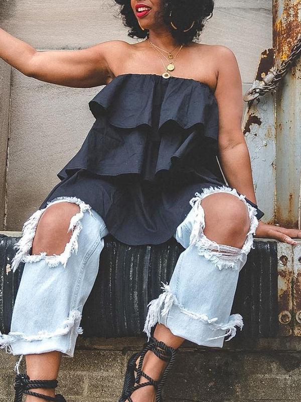 A-Line Loose Elasticity Layered Ruffled Solid Color Tube Vest Top Product Image