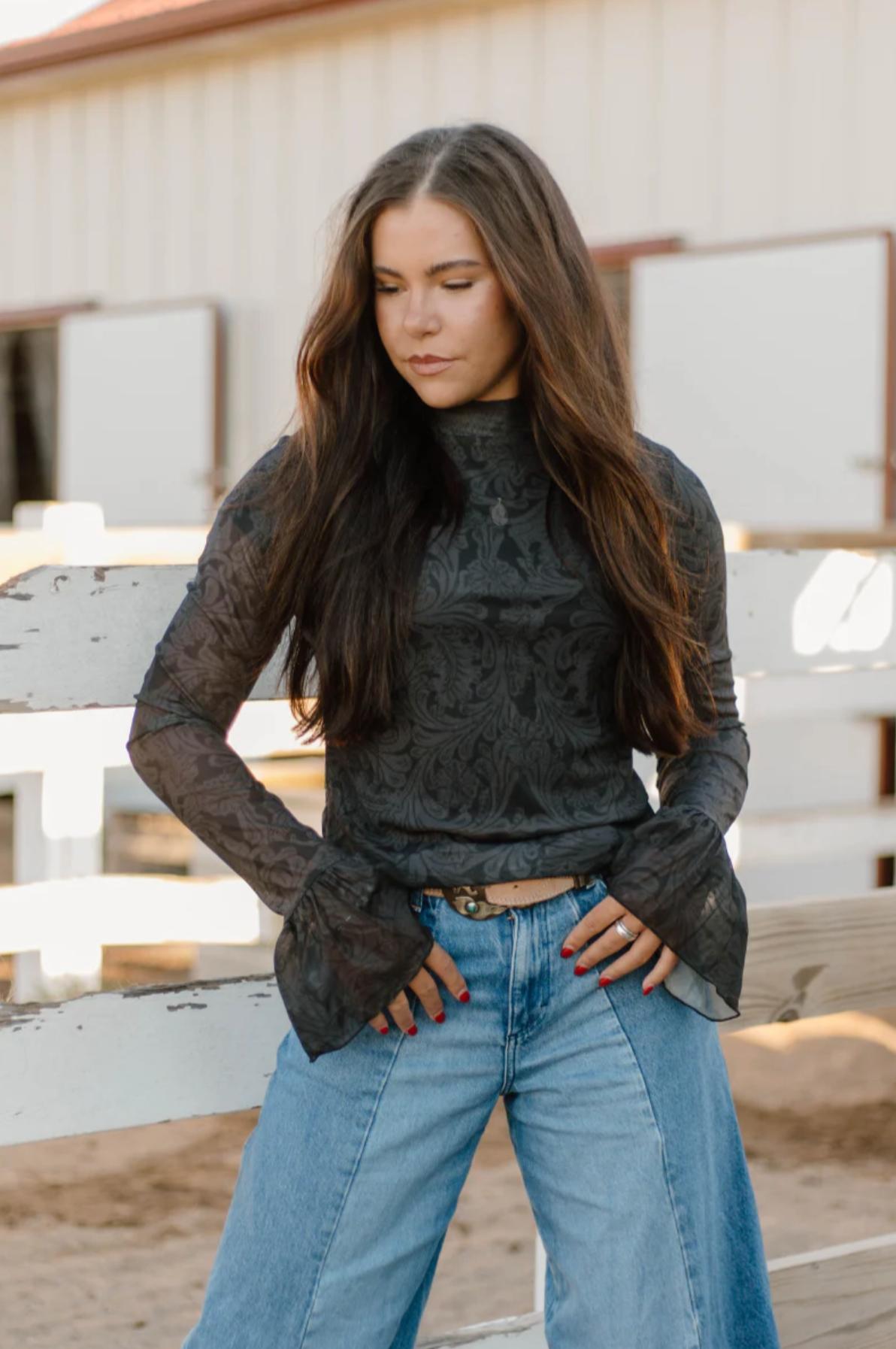 Sterling Kreek Tooled In Black Mesh Top Product Image