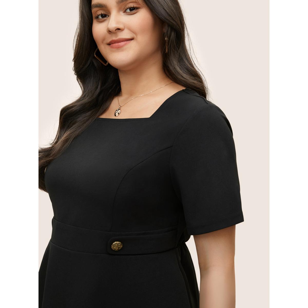 Plus Size Black Square Neck Waist Tab Gathered Blouse Women Workwear Essentials Short sleeve Square Neck Work Blouses BloomChic 10/M Product Image