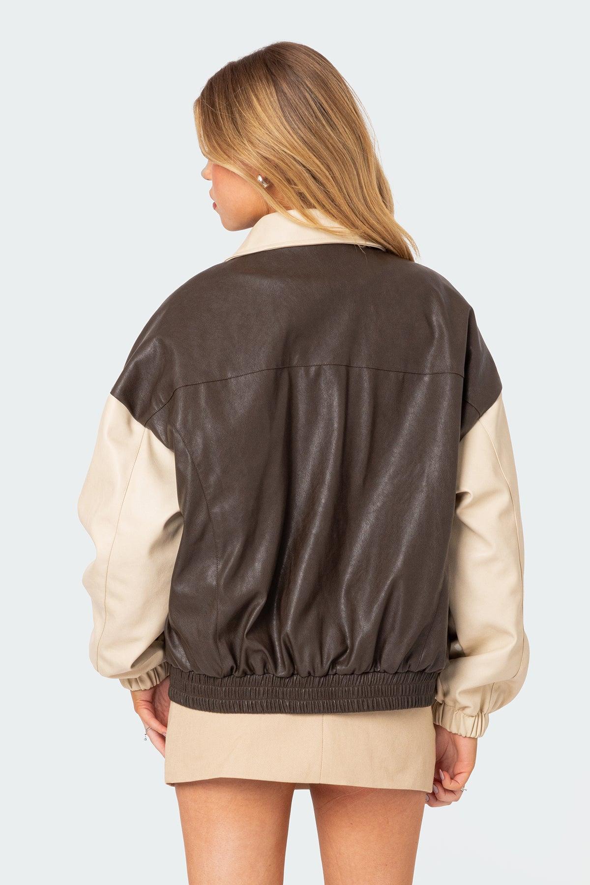 Two Tone Faux Leather Bomber Jacket Product Image