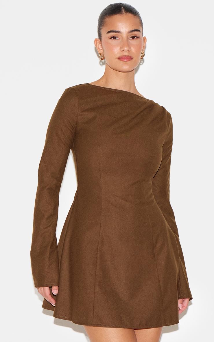 Chocolate Structured Woven Boat Neck Shift Dress Product Image